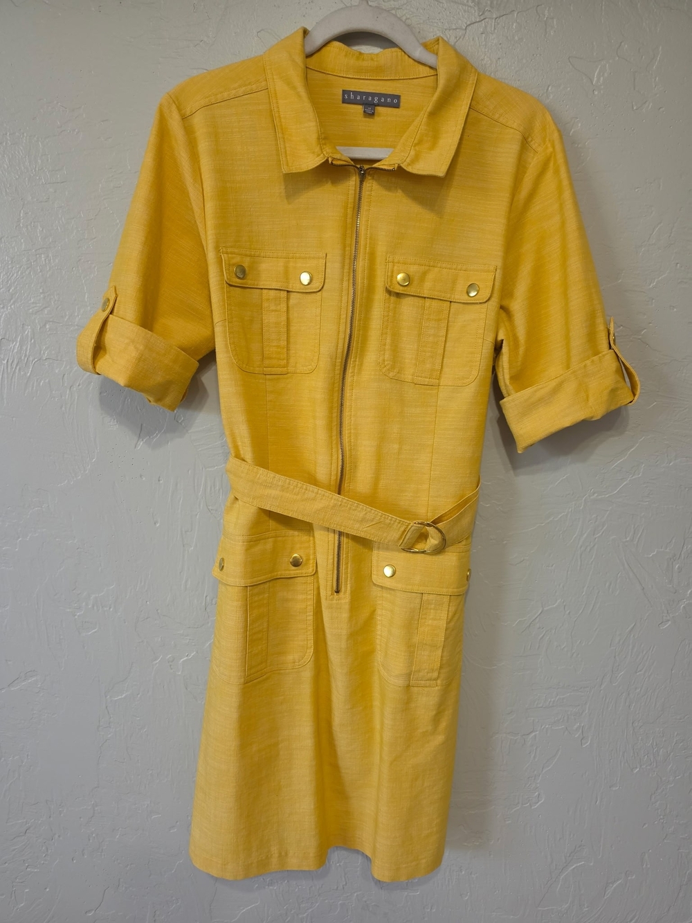 Sharagano Yellow Zip-Front Belted Shirt Dress